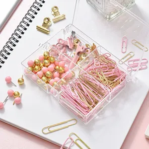 Handige macaron kantoorbenodigdheden set met doorzichtige opbergdoos, paperclips en klemmen.