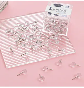 Transparent plastic push pins with clear storage box for bulletin board cork board.