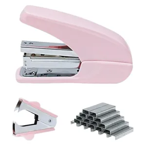 Macaron rosa Tacker Set mit Enthefter und Klammern, ideal für Büro und Schule.
