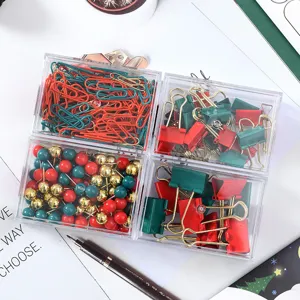 Weihnachts-Schreibtischset mit Büroklammern, Klemmen und Reißzwecken in vier transparenten Boxen