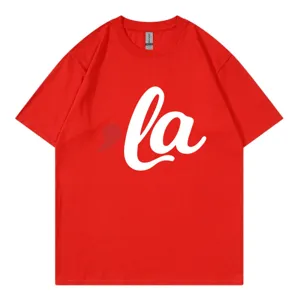 Rood korte mouw katoenen T-shirt met witte la borstopdruk casual O-hals top dagelijkse kleding