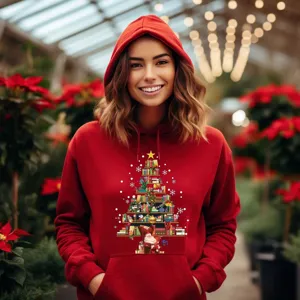 Christmas Tree Santa Claus Printed Fleece Hoodie Unisex Casual Long Sleeve Hooded Sweatshirt With Front Pocket Top