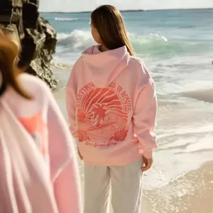 Felpa con cappuccio rosa da donna con stampa grafica palma tramonto spiaggia streetwear top