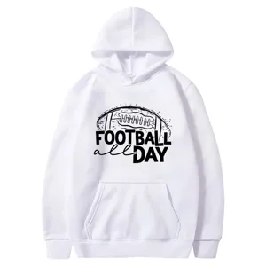 White hoodie with American football graphic print, casual long sleeve hooded sweatshirt for men.
