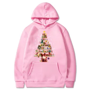 Pink hooded sweatshirt with Christmas tree graphic, casual long sleeve pullover pocket hoodie.