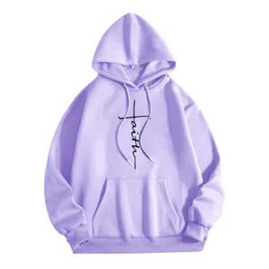 Lässiger lavendelfarbener Kapuzenpullover mit Kreuz-Druck, langen Ärmeln und Tasche für Alltag.