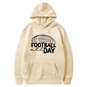 Beige American football print hooded sweatshirt, loose fit casual pullover hoodie.