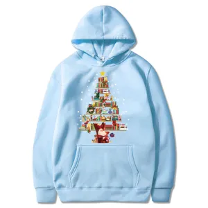Light blue Christmas tree graphic hoodie for men and women, long sleeve casual pullover.