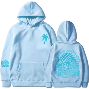 Felpa con cappuccio azzurra con stampa di palma, felpa streetwear casual a maniche lunghe.
