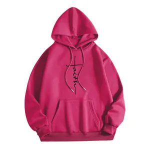 Rosa Damen Kapuzenpullover mit langen Ärmeln und einem stilvollen Kreuz Glauben Print.