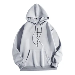 Herren Damen Freizeit Langarm Kapuzenpullover Grau Glaube Kreuz Druck Hoodie Oberteil