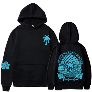 Felpa con cappuccio nera da donna con stampa grafica di onde da surf e maniche lunghe casual