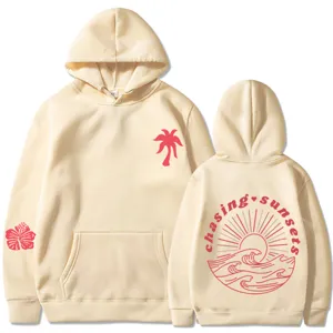 Felpa con cappuccio beige da donna con palma sul davanti e grafica tramonto sul retro.