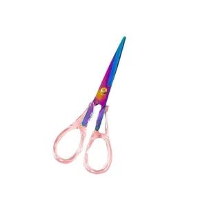 Transparent acrylic handle scissors with colorful electroplated blade for office DIY crafts.