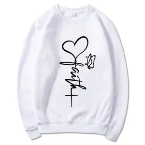 Women's Casual Crew Neck Long Sleeve Sweatshirt Faith Heart Butterfly Print Fleece Lined Polyester Top Valentine Fashion T-Shirt