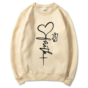 Beige crewneck long sleeve sweatshirt with faith cross heart butterfly print for women.