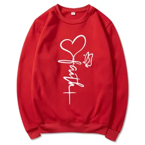 Red crewneck long sleeve sweatshirt with cute faith heart and butterfly print for women.