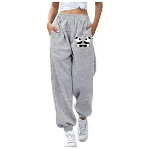 Pantaloni della Tuta Casual Felpati da Donna Simpatica Stampa Panda Cartoni Animati Vita Alta Coulisse Jogger Pantaloni Sportivi