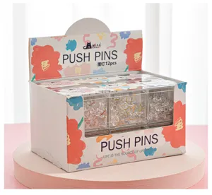 Transparent push pins in a display box, ideal for cork boards and office notices 12pcs