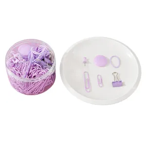 Macaron paarse kantoorbenodigdheden set met paperclips, pinnen en elastiekjes in 6-vak emmer.
