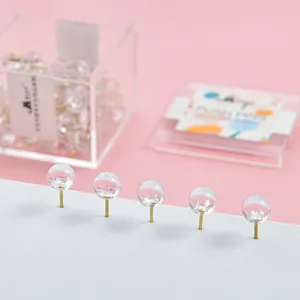 Clear spherical pushpins with metal pins in clear acrylic box, creative cork board map tacks.