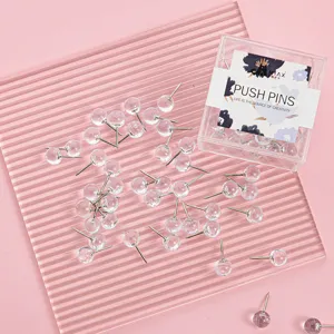 Clear round push pins with storage box, transparent thumb tacks for cork board and office notes.