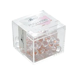 Transparent plastic push pins thumb tacks in clear box for cork board office school