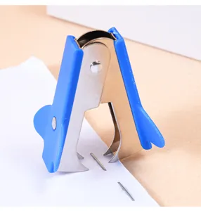 Blue plastic office staple remover close-up, metal claw detail for easy paper binding removal.