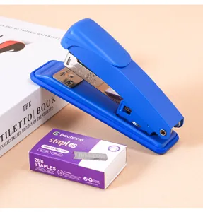 Blue desktop stapler and staples set, efficient office supply for home and school use.