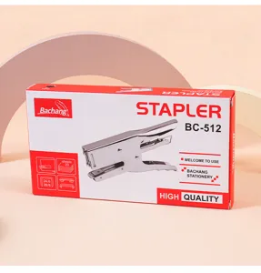 Close-up detail of Bachang hand-held stapler model BC-512 packaging box, office stationery