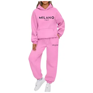 Women Pink Two Piece Casual Hoodie And Sweatpants Sportswear Set Autumn Winter Activewear