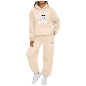 Women casual two piece tracksuit hoodie and sweatpants set beige pullover outfit