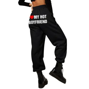 Women Casual High Waist Loose Sweatpants Drawstring Jogger Pants Solid Color Letter Print Comfortable Sporty Trousers