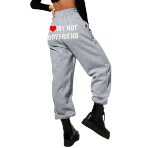 Women high waist loose fit grey sweatpants casual jogger pants with graphic print back