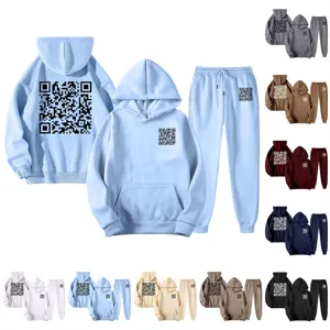 Men's Casual Fleece Lined Hooded Sweatshirt And Jogger Pants Set Winter Warm Loose Fit Pullover Tracksuit With QR Code Print