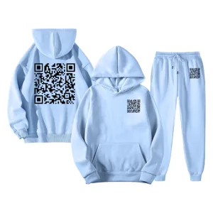 Light blue hoodie and sweatpants set featuring a stylish black QR code print design.