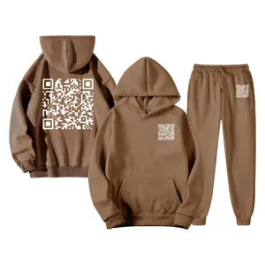 Brown hoodie and sweatpants set featuring modern QR code prints, loose fit for autumn winter.