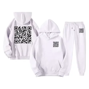White hoodie and sweatpants tracksuit set featuring trendy QR code print design for casual wear.