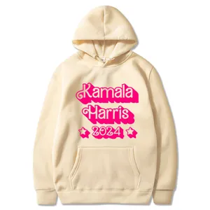 Sudadera con capucha beige informal con estampado de Kamala Harris 2024 para todos.