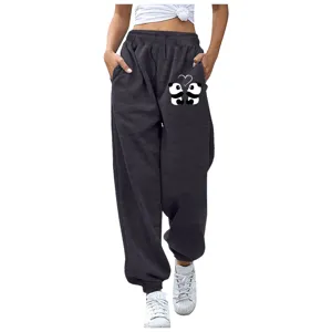 Pantaloni della tuta grigi casual da donna con stampa cuore panda, vita alta con coulisse.
