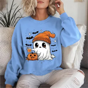 Hombres Mujeres Halloween Fantasma Dibujos Animados Calabaza Estampado Sudadera con Capucha Forro Polar Casual Manga Larga Cuello Redondo