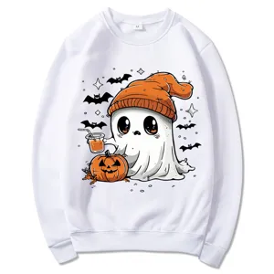 Sudadera blanca de Halloween con lindo estampado de fantasma, jersey casual de manga larga para diario.