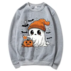 Sudadera gris con lindo diseño de fantasma de Halloween, pullover informal para hombres y mujeres.