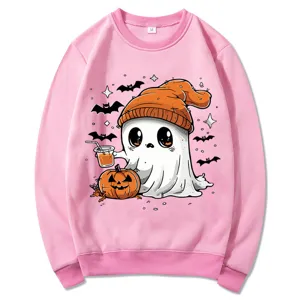 Sudadera rosa de cuello redondo para mujer y hombre con lindo diseño de fantasma de Halloween.