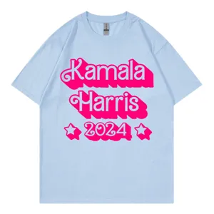 Light blue short sleeve t-shirt with pink Kamala Harris 2024 print, casual cotton top for men and women.