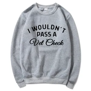 Grey crewneck sweatshirt with funny letter print, casual long sleeve pullover for men and women.