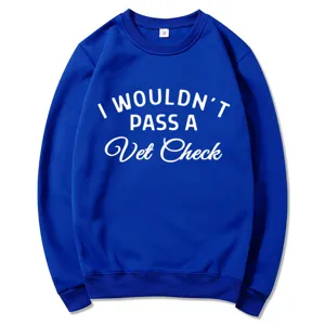 Classic royal blue crewneck sweatshirt featuring a funny vet check quote print for daily wear.