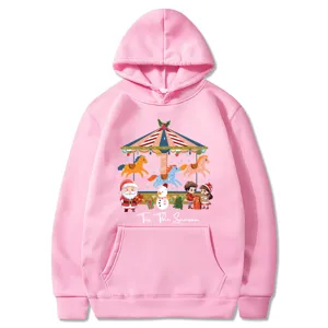 Nuova felpa con cappuccio rosa da uomo e donna per Natale, con simpatica stampa di giostra festiva.