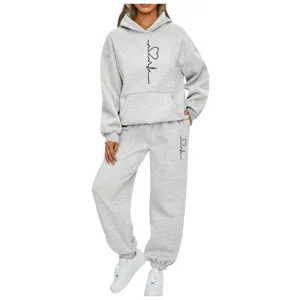 Women's Two Piece Tracksuit Casual Hoodie and Sweatpants Set with Heartbeat Print Grey