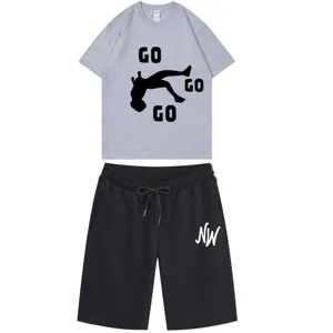 Men's summer casual short sleeve t-shirt and shorts two piece set grey top black bottoms.